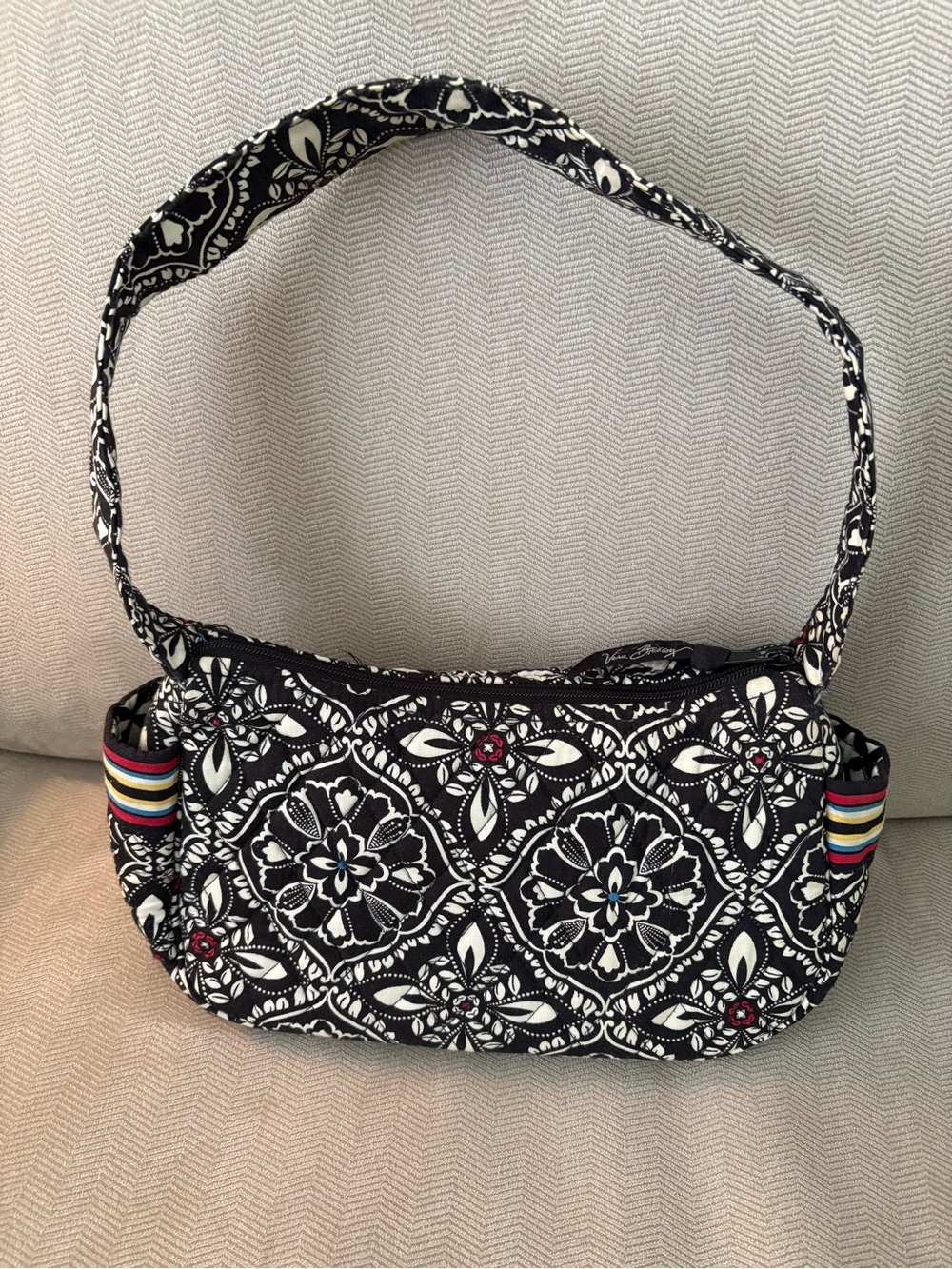 Vera Bradley Black & White Floral Quilted Shoulder Bag with Stripe Accents